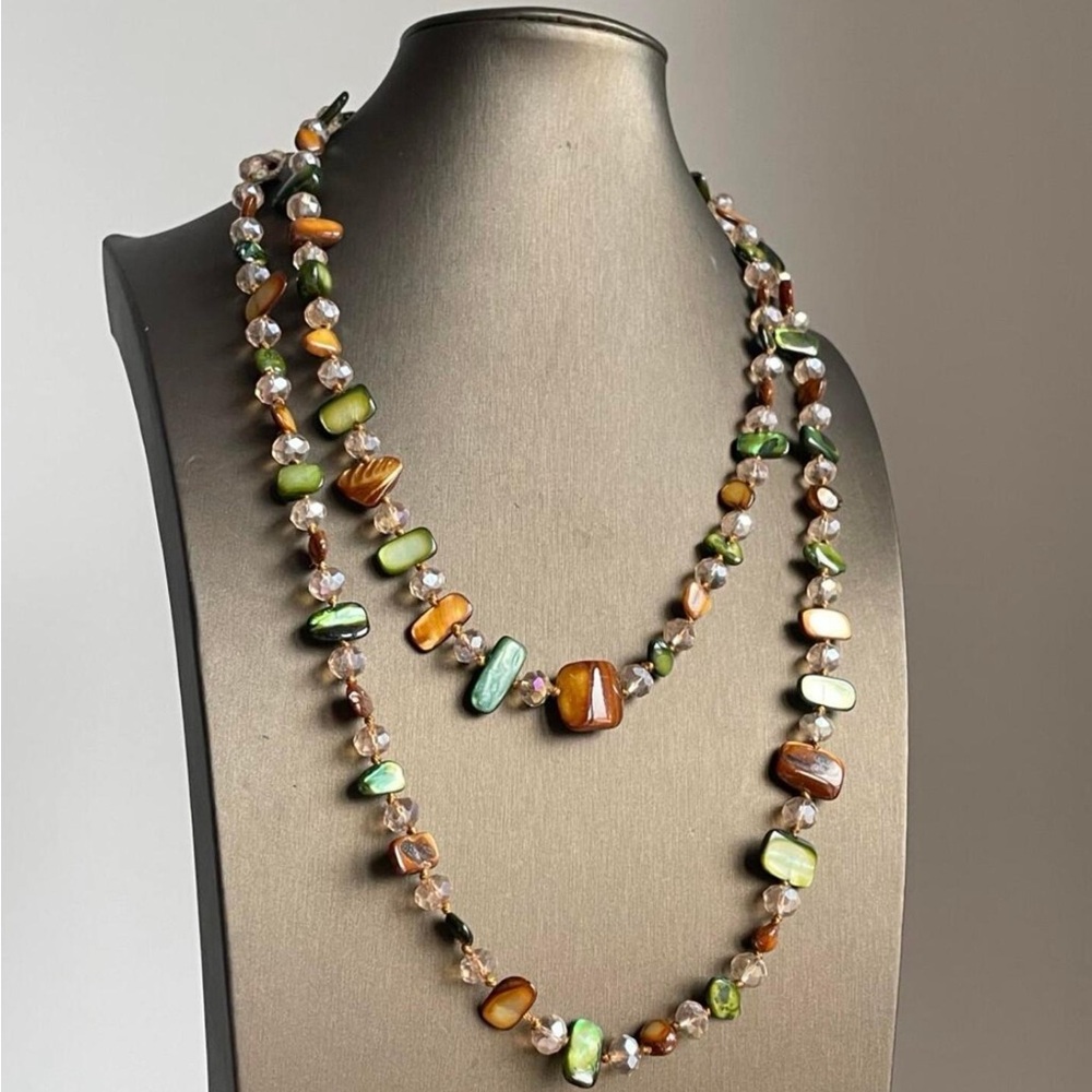 Multicolor Gemstone Long Beaded Necklace - Green & Brown
